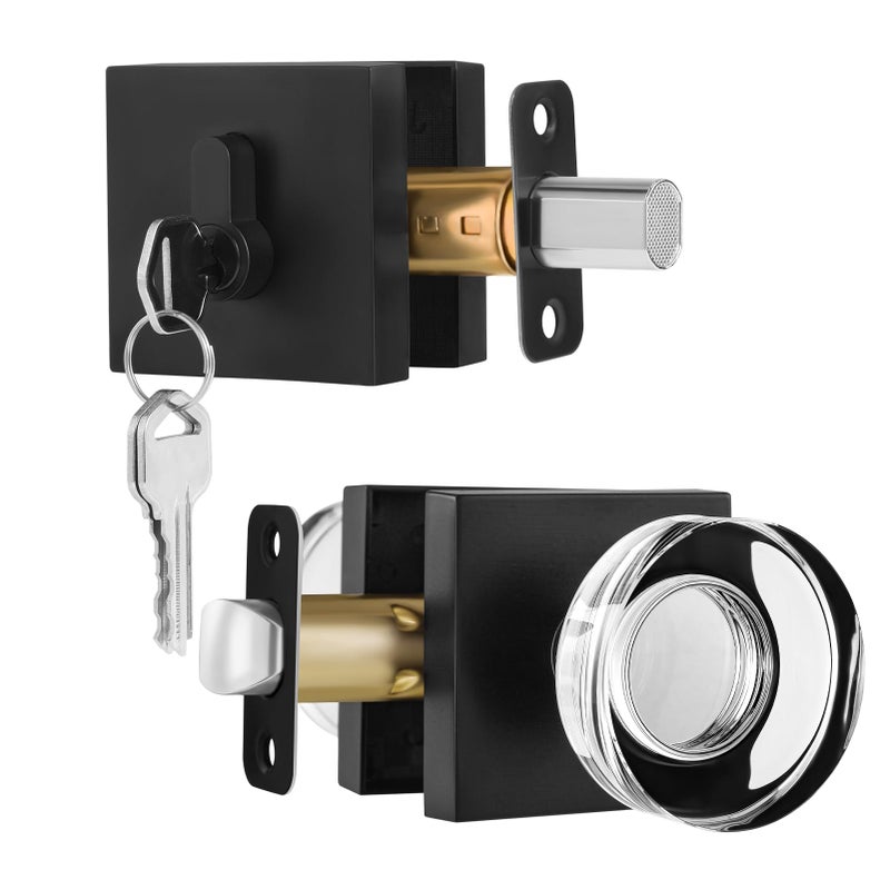 naubea Glass Door Knob with Deadbolt, Matte Black Front Door Handle and Deadbolt Set, Exterior Black Door Knob with Deadbolt Lock, Lockable Deadbolt and Square Crystal Door Knob Set - Image 1